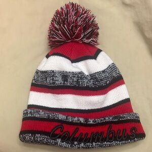 Pom-Pom Beanie - Red, White, and Gray